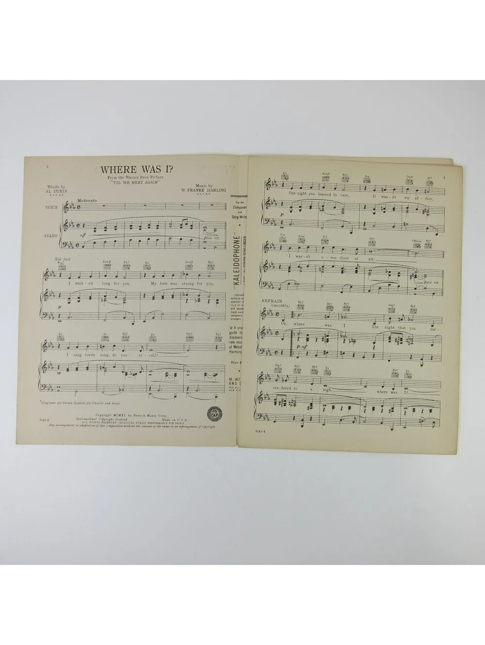 Sheet Music Where Was I? Til We Meet Again Pat O'Brien Geraldine Fitzgerald 1940